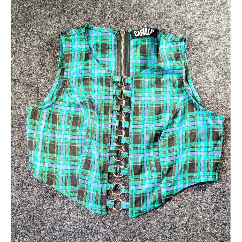 Dolls Kill Capsulle Plaid Bustier Top Zip Front Size M Green Blue Black O Ring